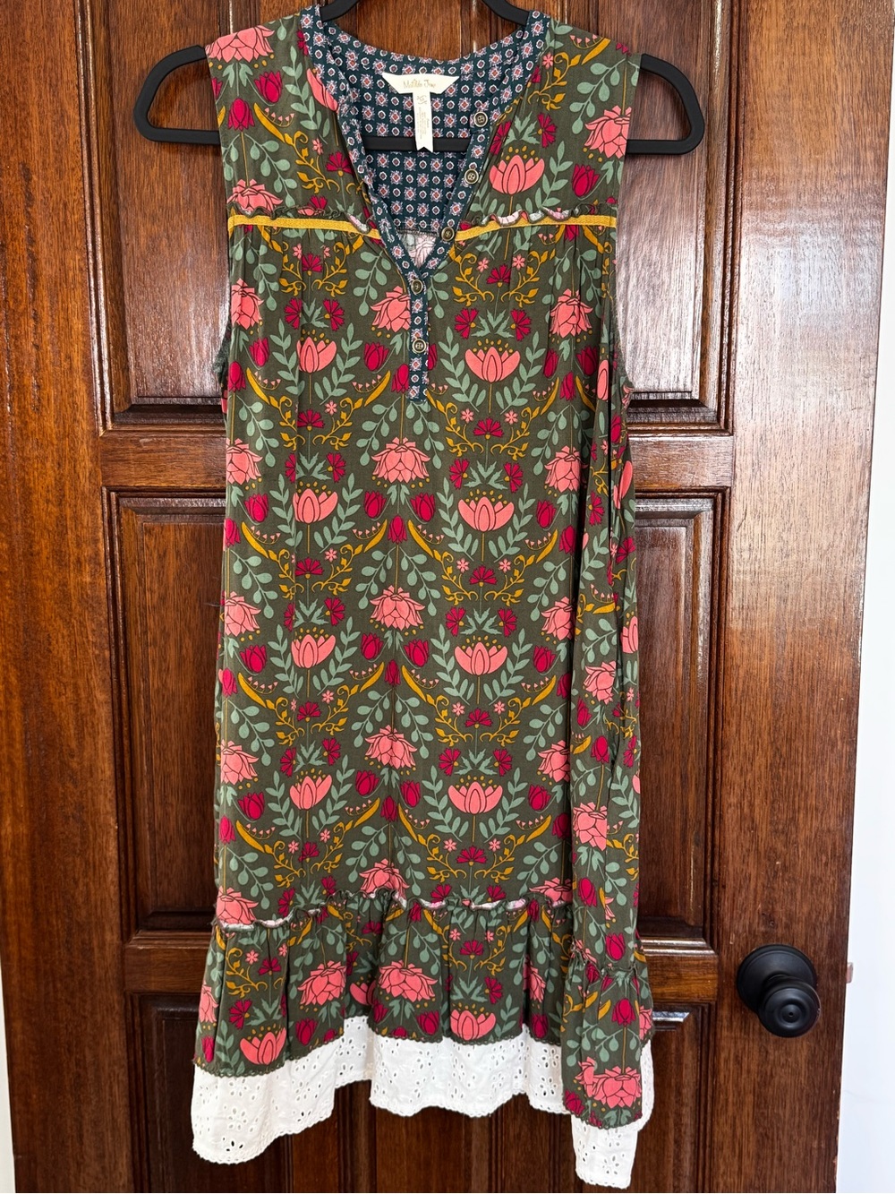 Matilda Jane Olive Green Floral Sleeveless Dress with Pink Accents